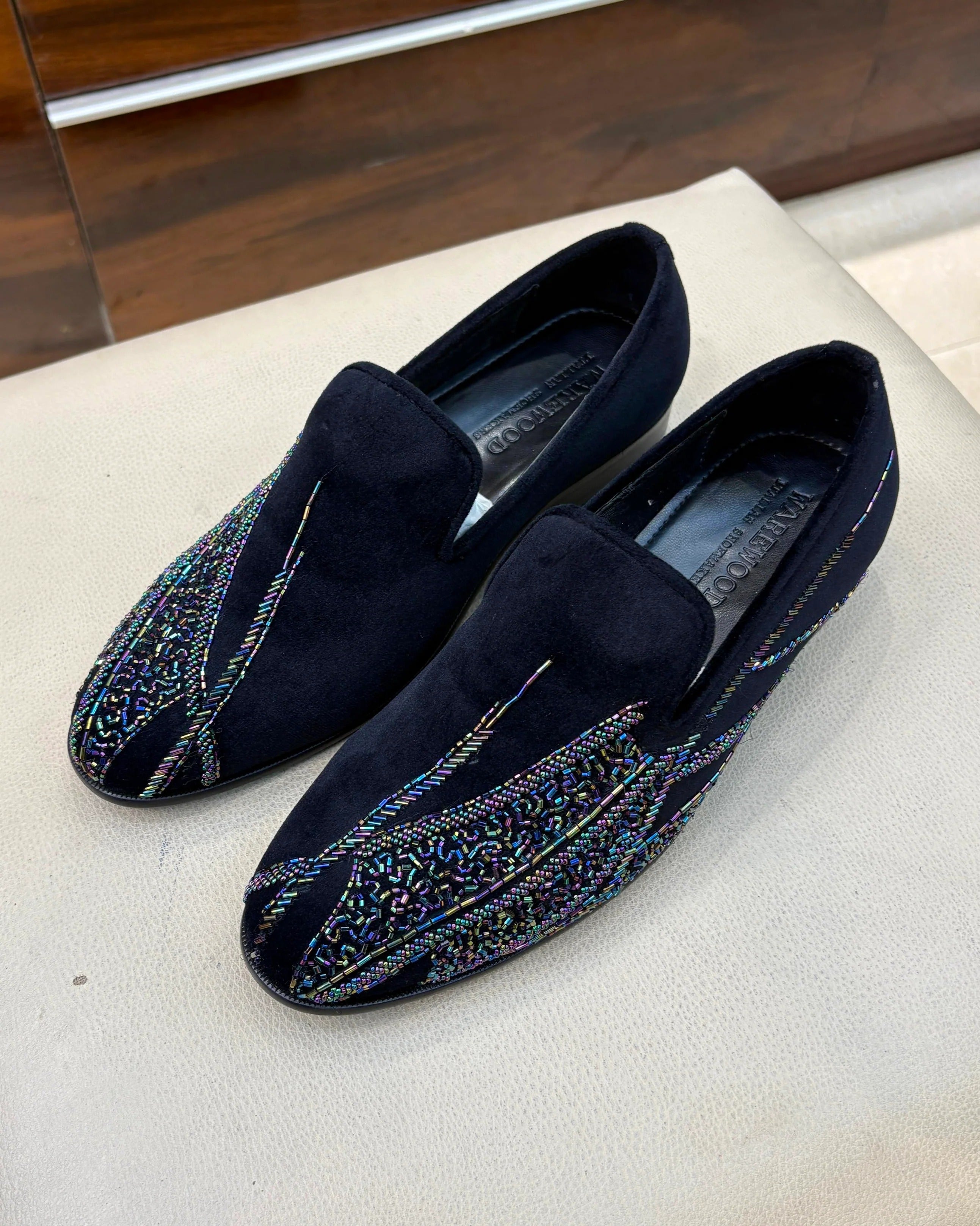 Navy Blue Suede Rainbow Embroidery Loafers
