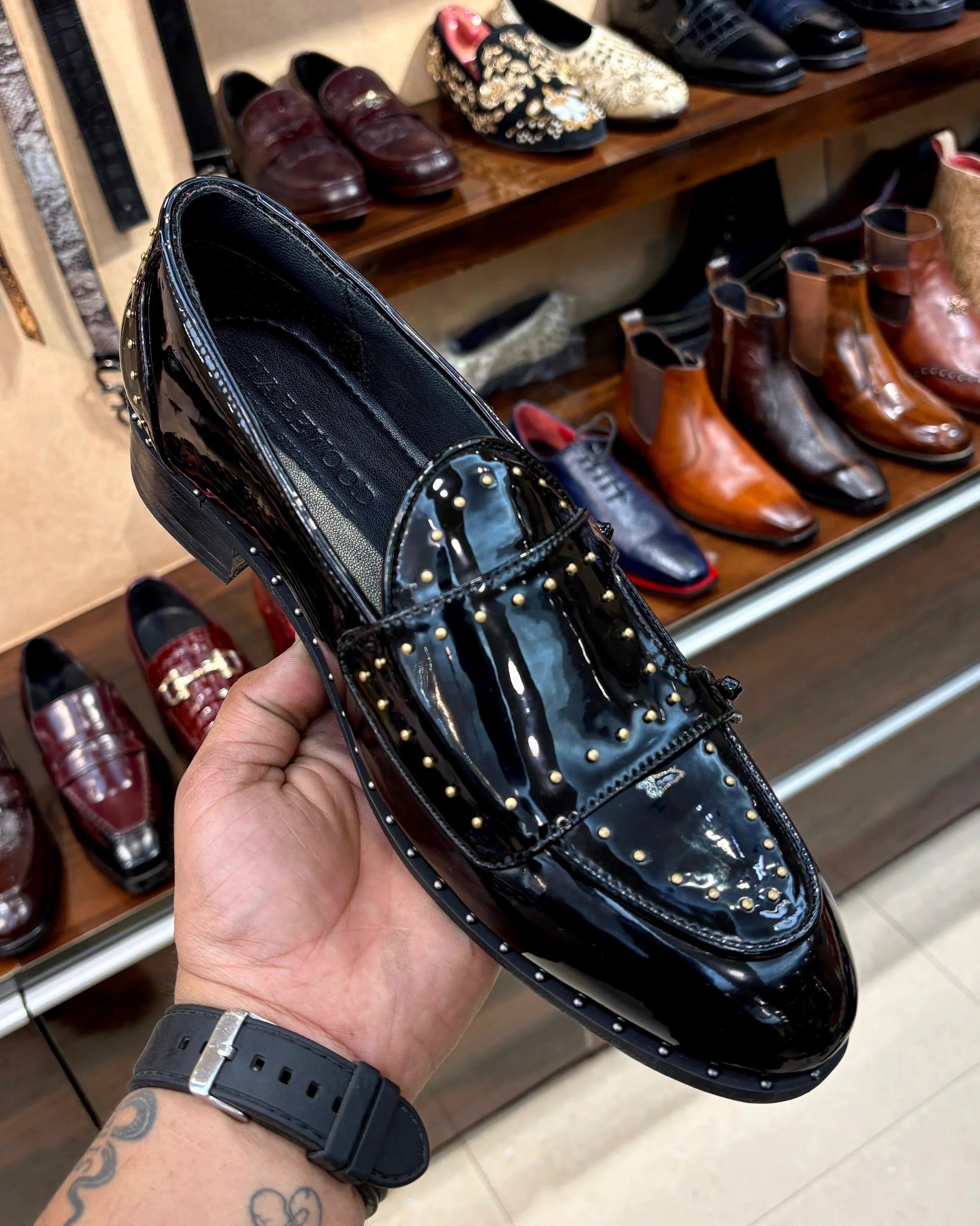 Black Patent Leather Monk Strap Loafers with Gold Rivet Studs