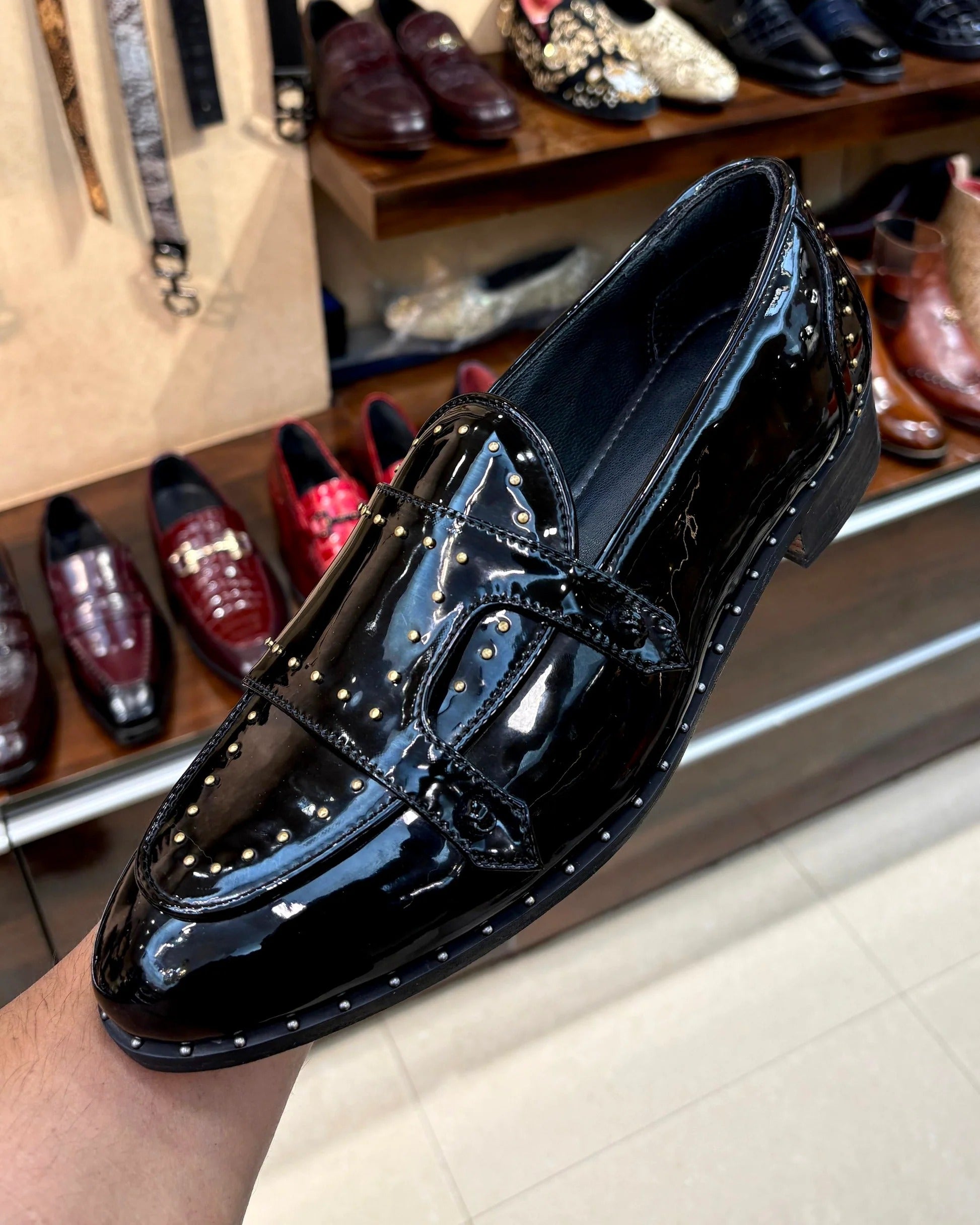 Black Patent Leather Monk Strap Loafers with Gold Rivet Studs