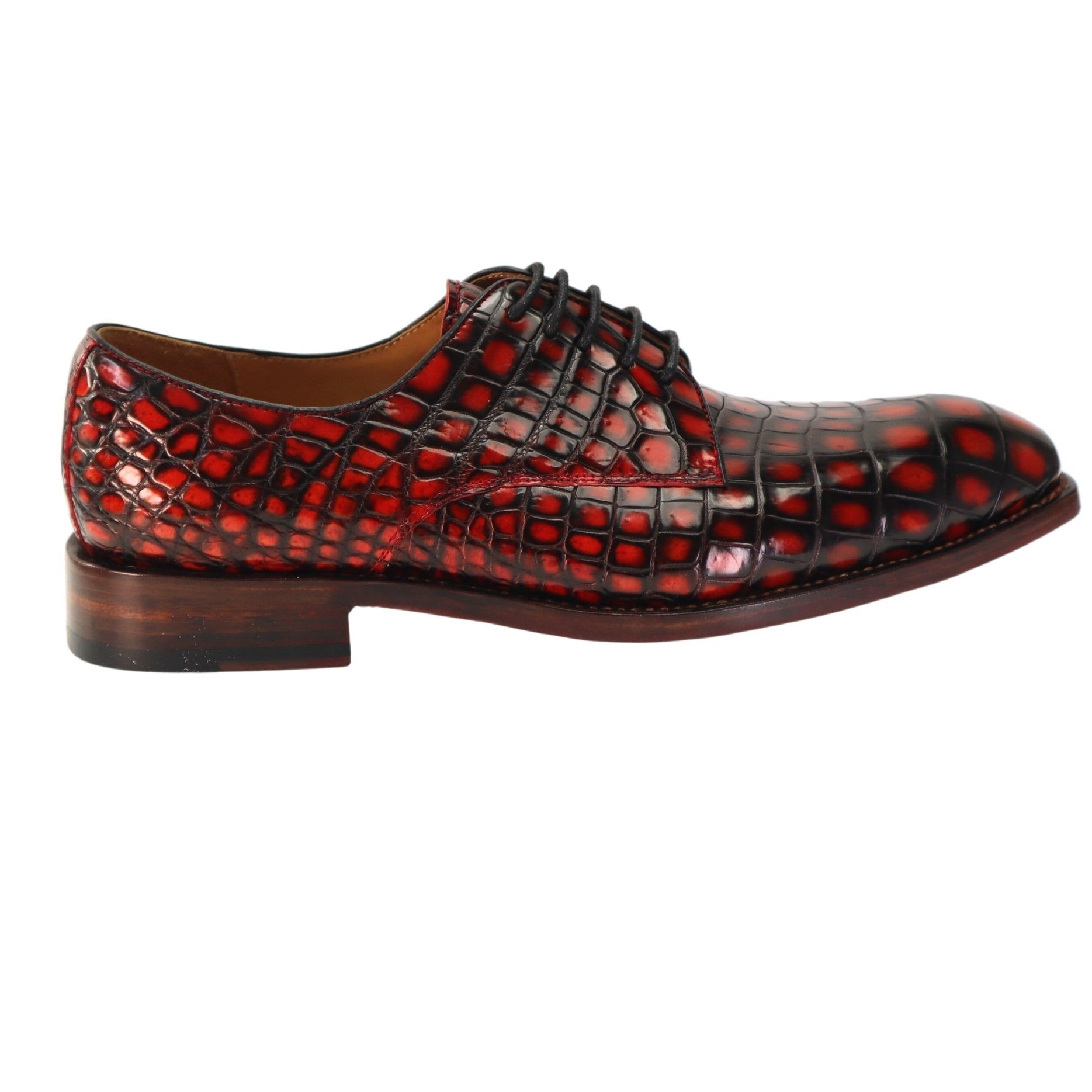 Genuine Alligator Leather Men’s Derby Perforated Lace-Up Dress Shoes Red Patina Alligator
