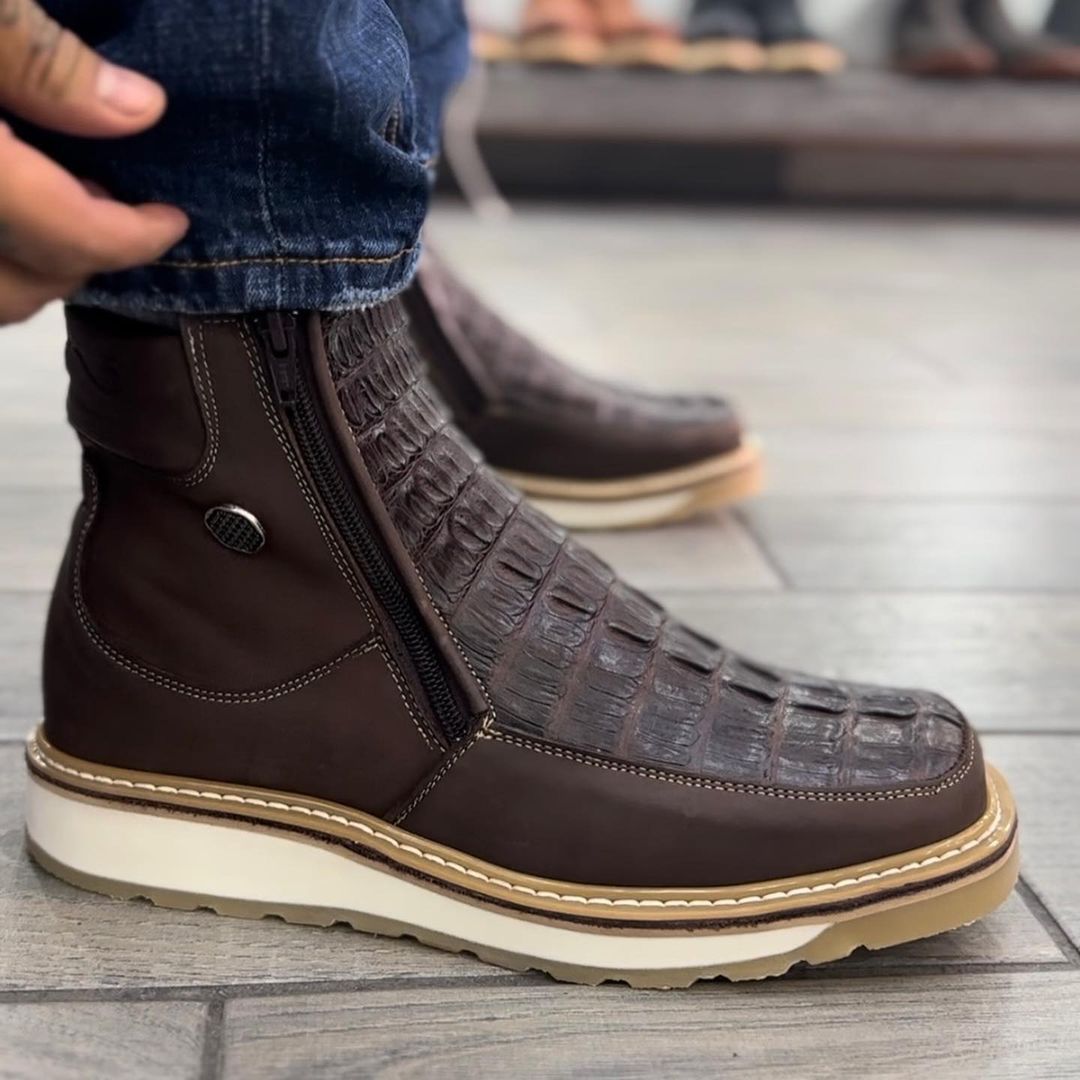 Italian Crocodile Leather Square Toe Boots