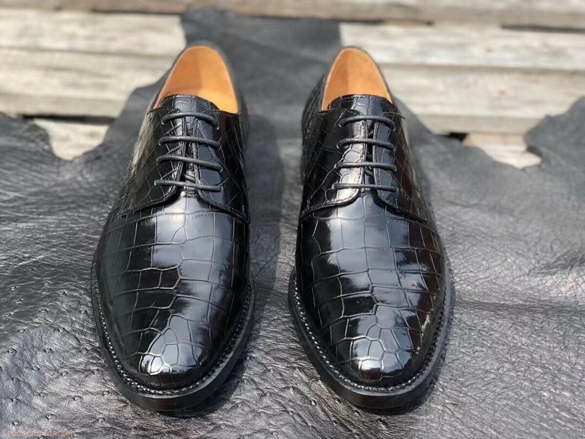 Men's Shoes Genuine Crocodile Alligator Skin Leather Handmade Black