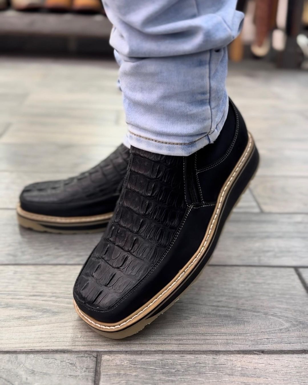 Italian Crocodile Leather Square Toe Boots