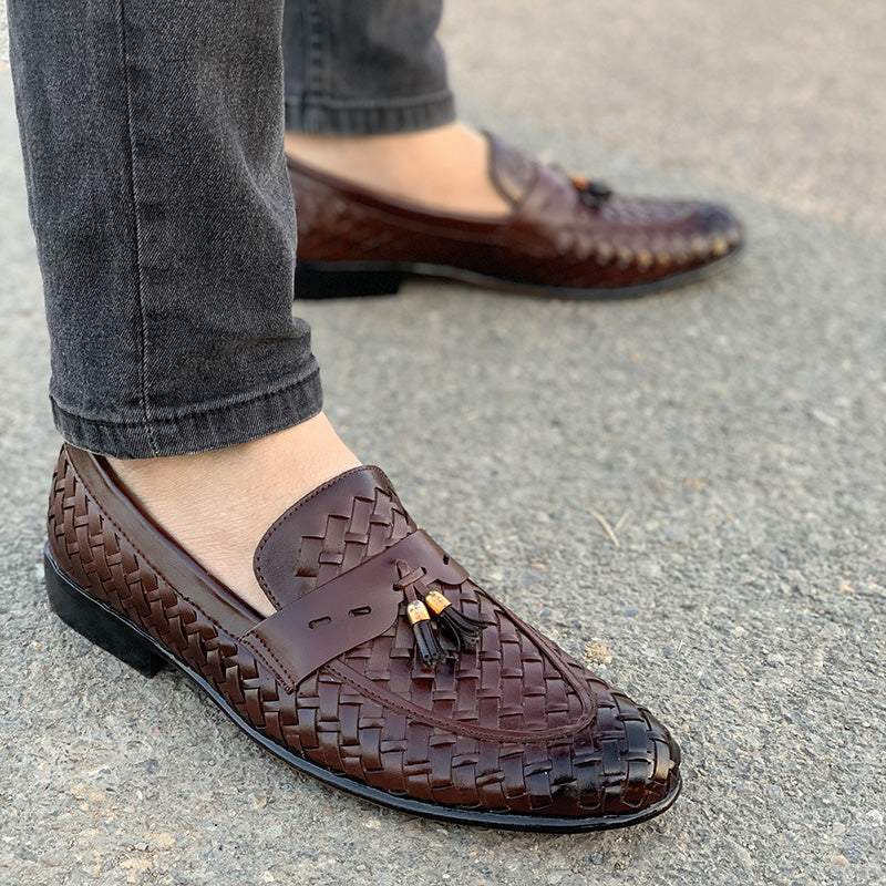 Handmade Brown Woven Textured Shoes