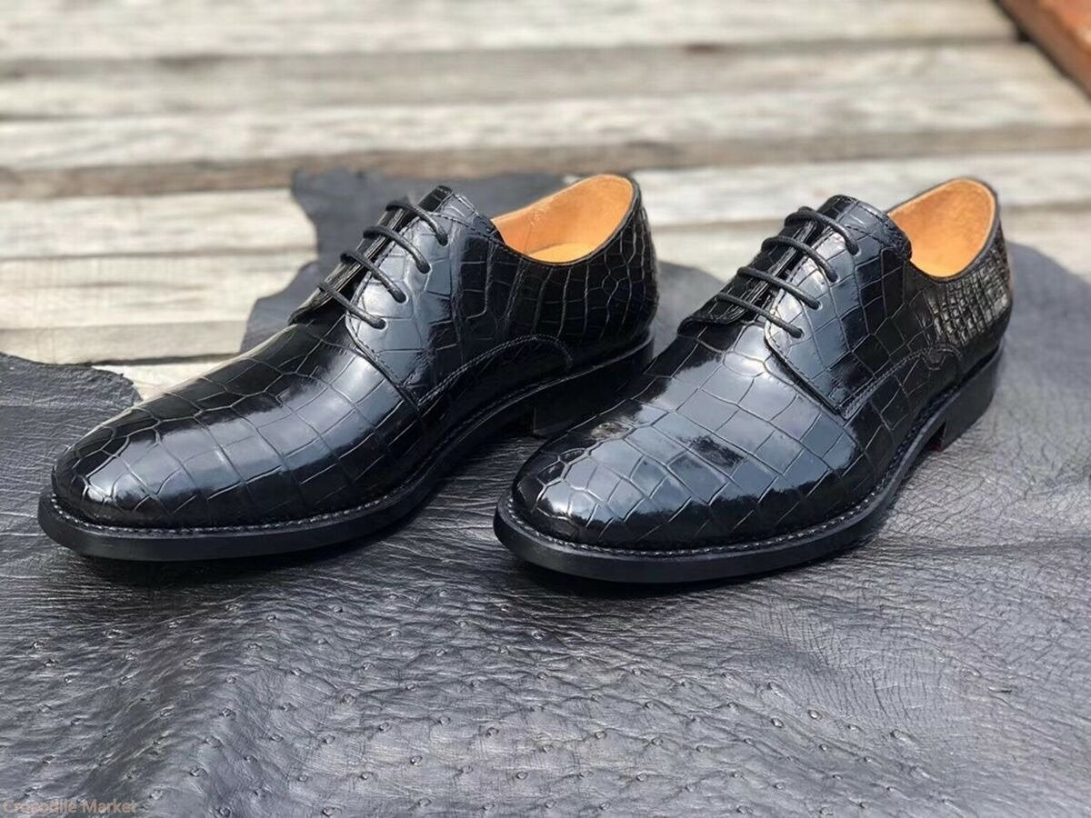 Men's Shoes Genuine Crocodile Alligator Skin Leather Handmade Black