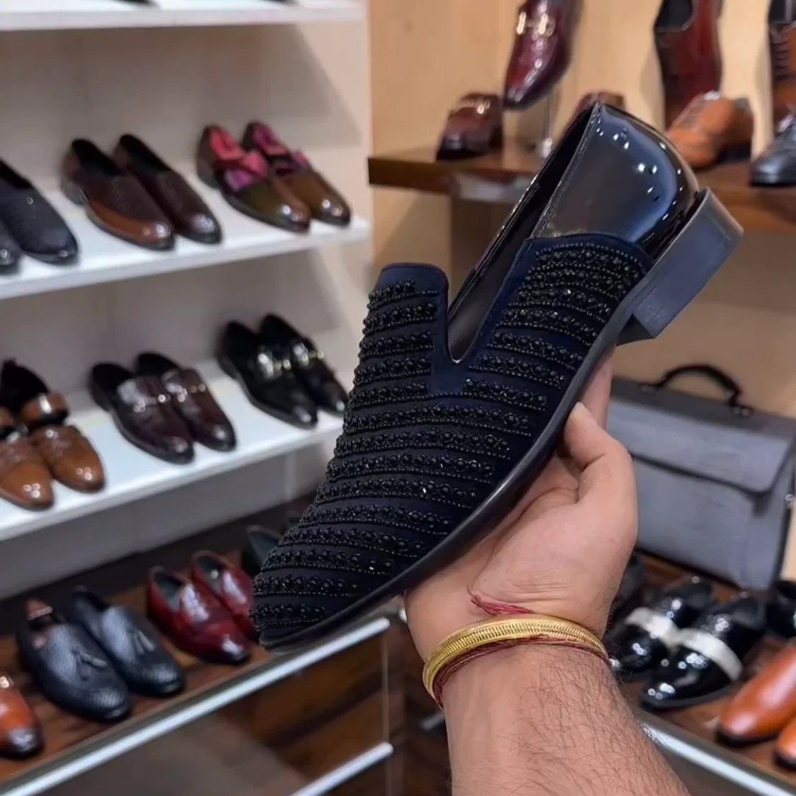 Embroidered Navy Blue-black Moccasins
