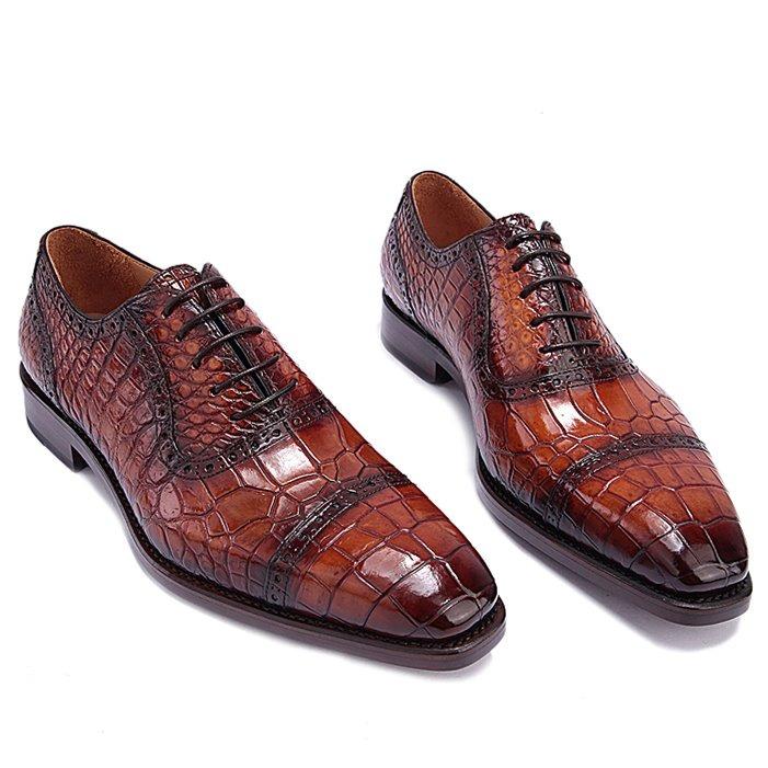 Mens Alligator Leather Cap Toe Lace up Oxford Classic Modern Business Dress Shoes