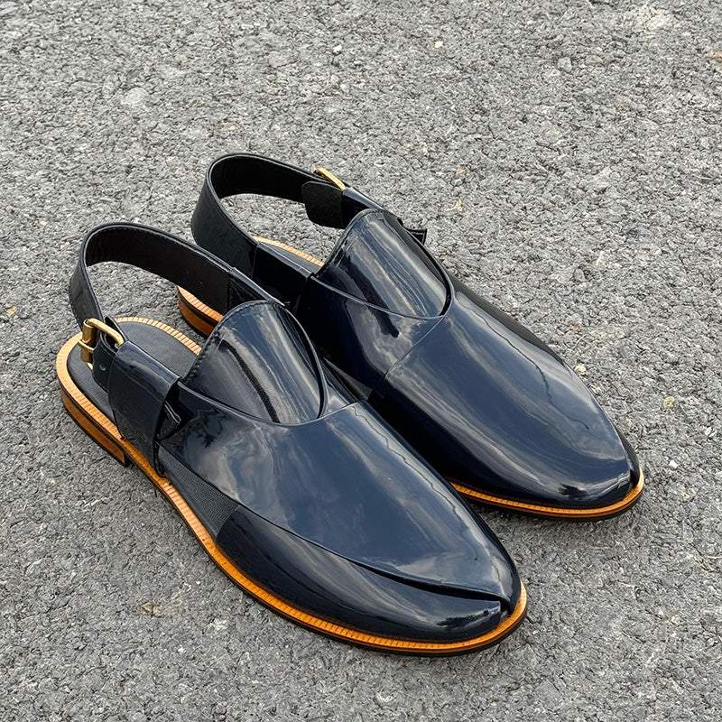 Patent Leather Kheri/Peshawari Chappal Dark Blue Sandals
