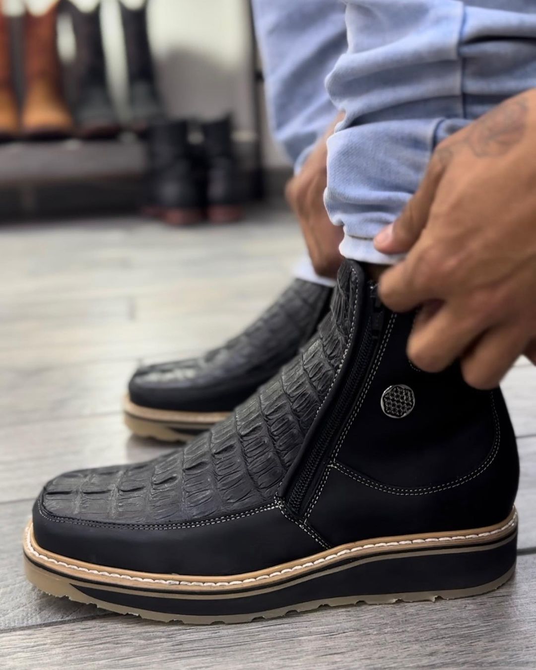 Italian Crocodile Leather Square Toe Boots
