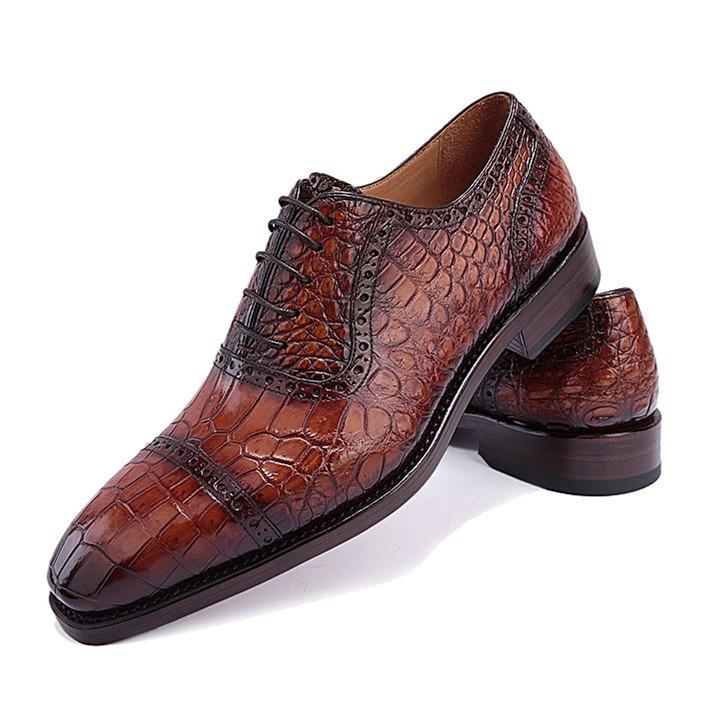 Mens Alligator Leather Cap Toe Lace up Oxford Classic Modern Business Dress Shoes