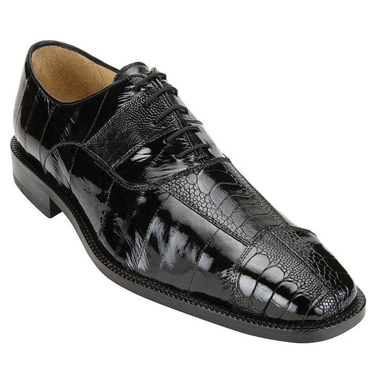 Belvedere Shoes Black Shiny Eel Skin Ostrich Leg Lace Up Mare 2p7