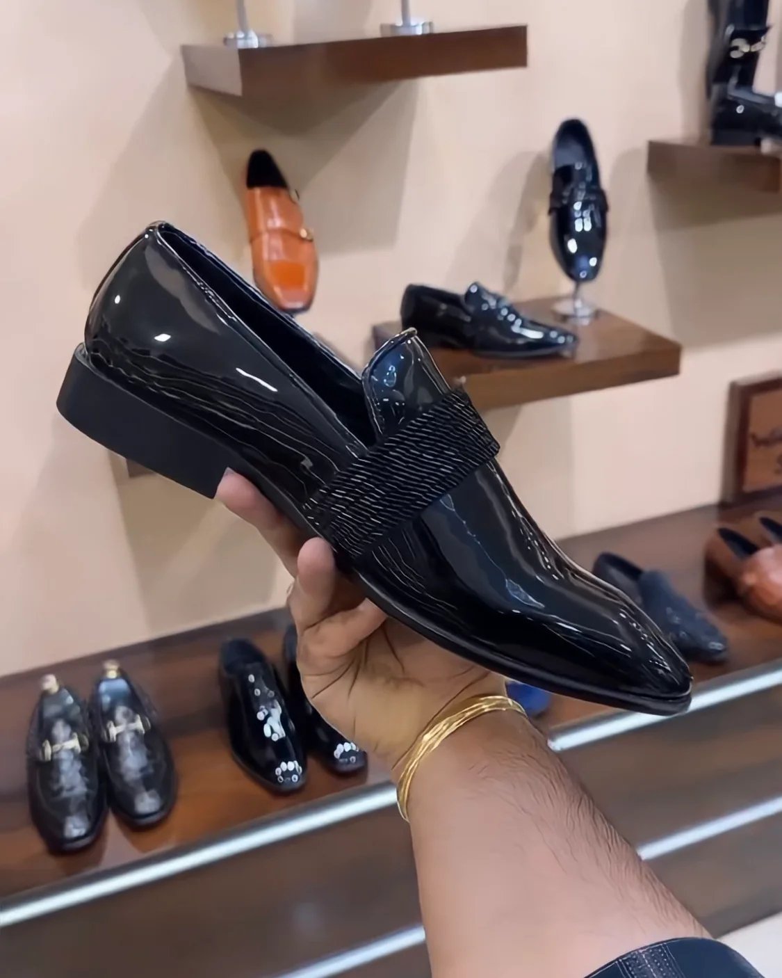Black Italian Patent Embroidery Strap Moccasins
