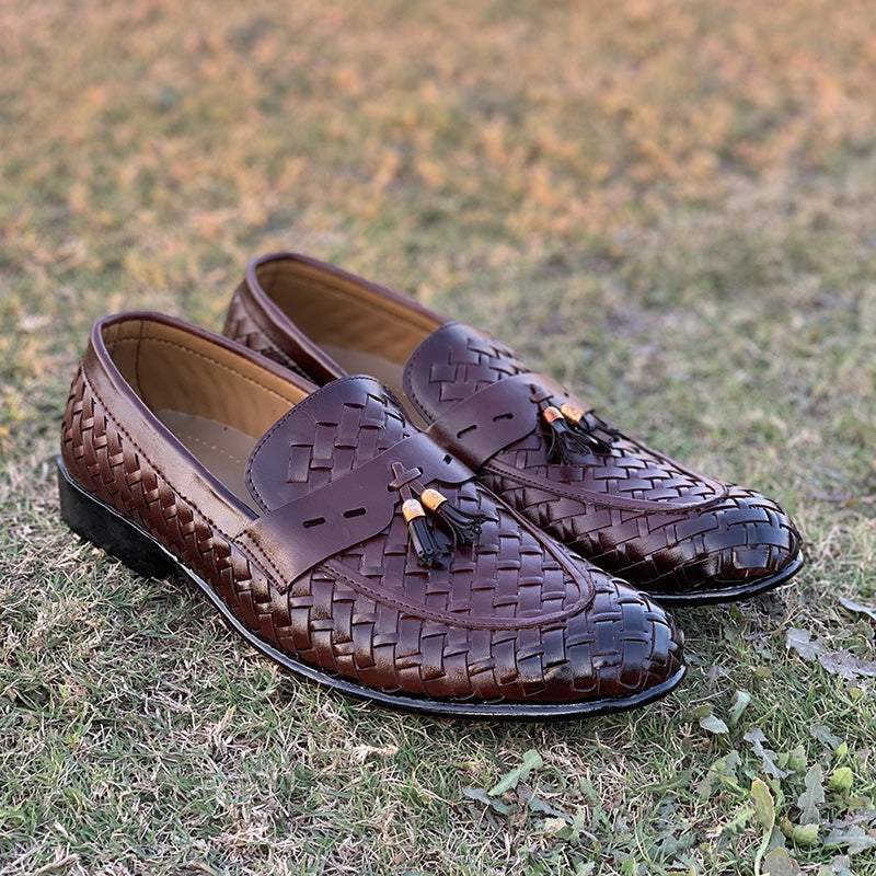 Handmade Brown Woven Textured Shoes
