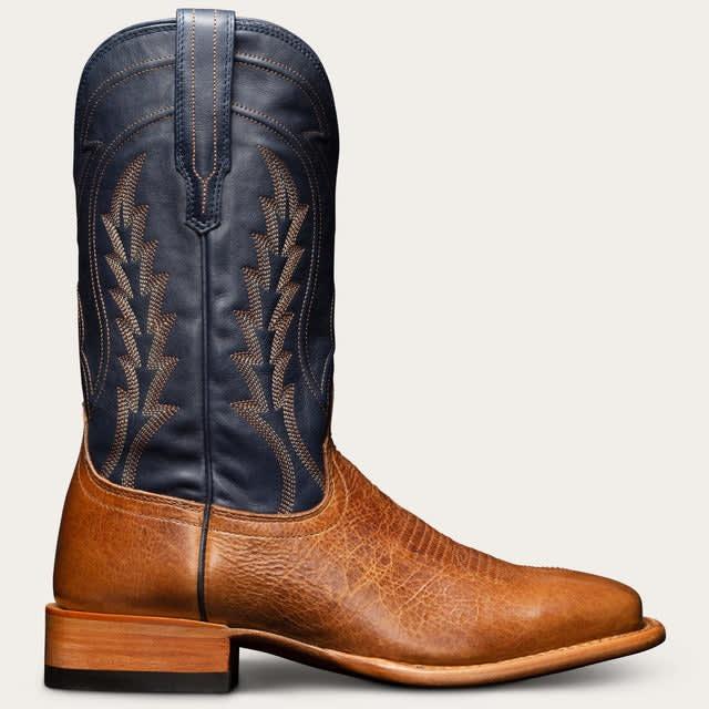 Tan And Navy Blue Leather Bartlett Slip On Western Cowboy Boots
