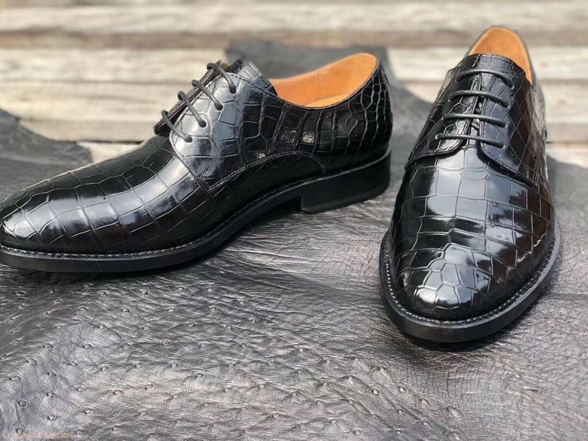 Men's Shoes Genuine Crocodile Alligator Skin Leather Handmade Black