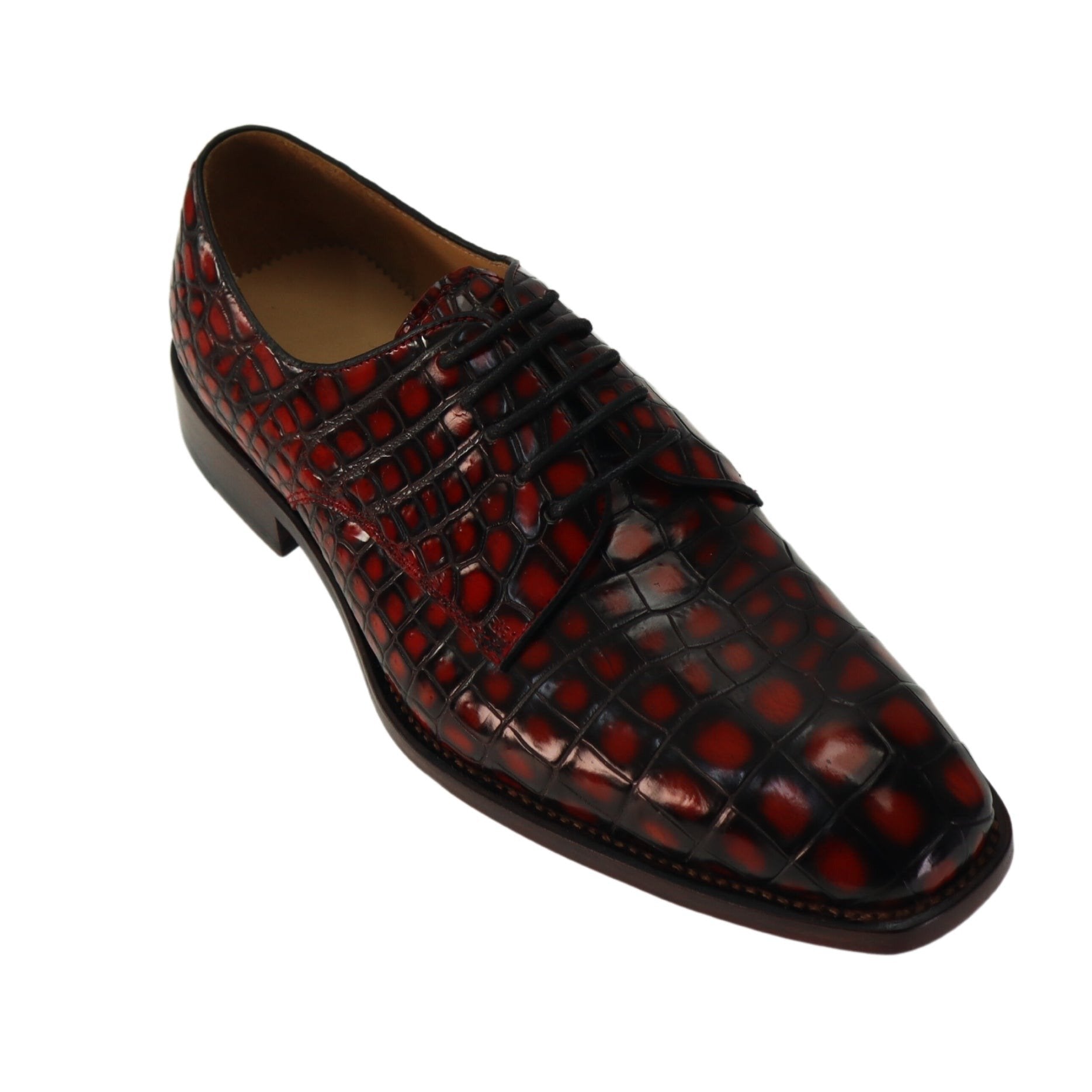 Genuine Alligator Leather Men’s Derby Perforated Lace-Up Dress Shoes Red Patina Alligator