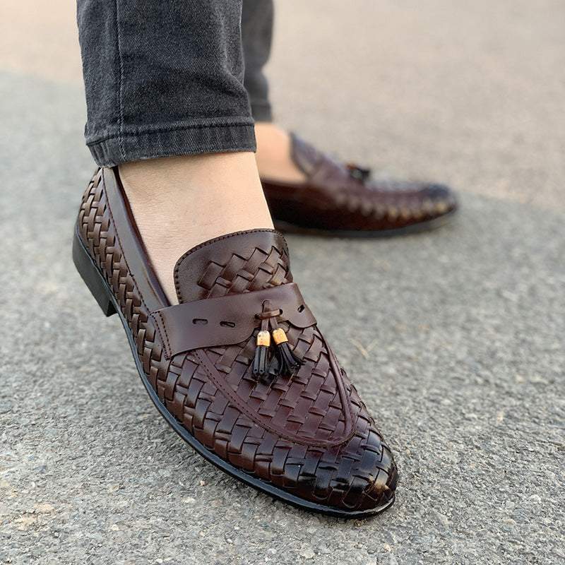 Handmade Brown Woven Textured Shoes