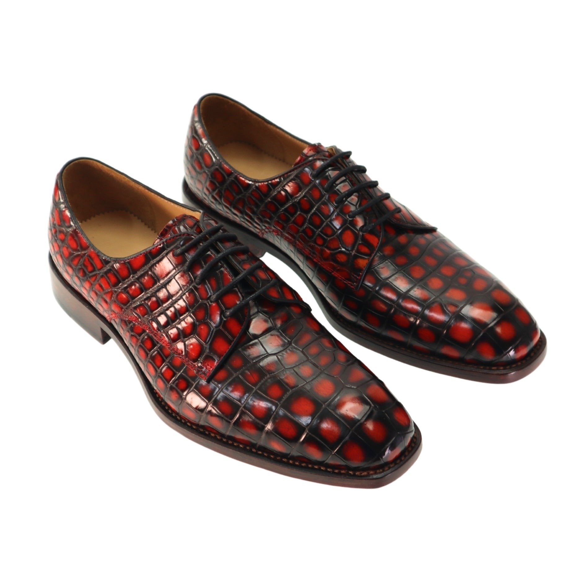 Genuine Alligator Leather Men’s Derby Perforated Lace-Up Dress Shoes Red Patina Alligator