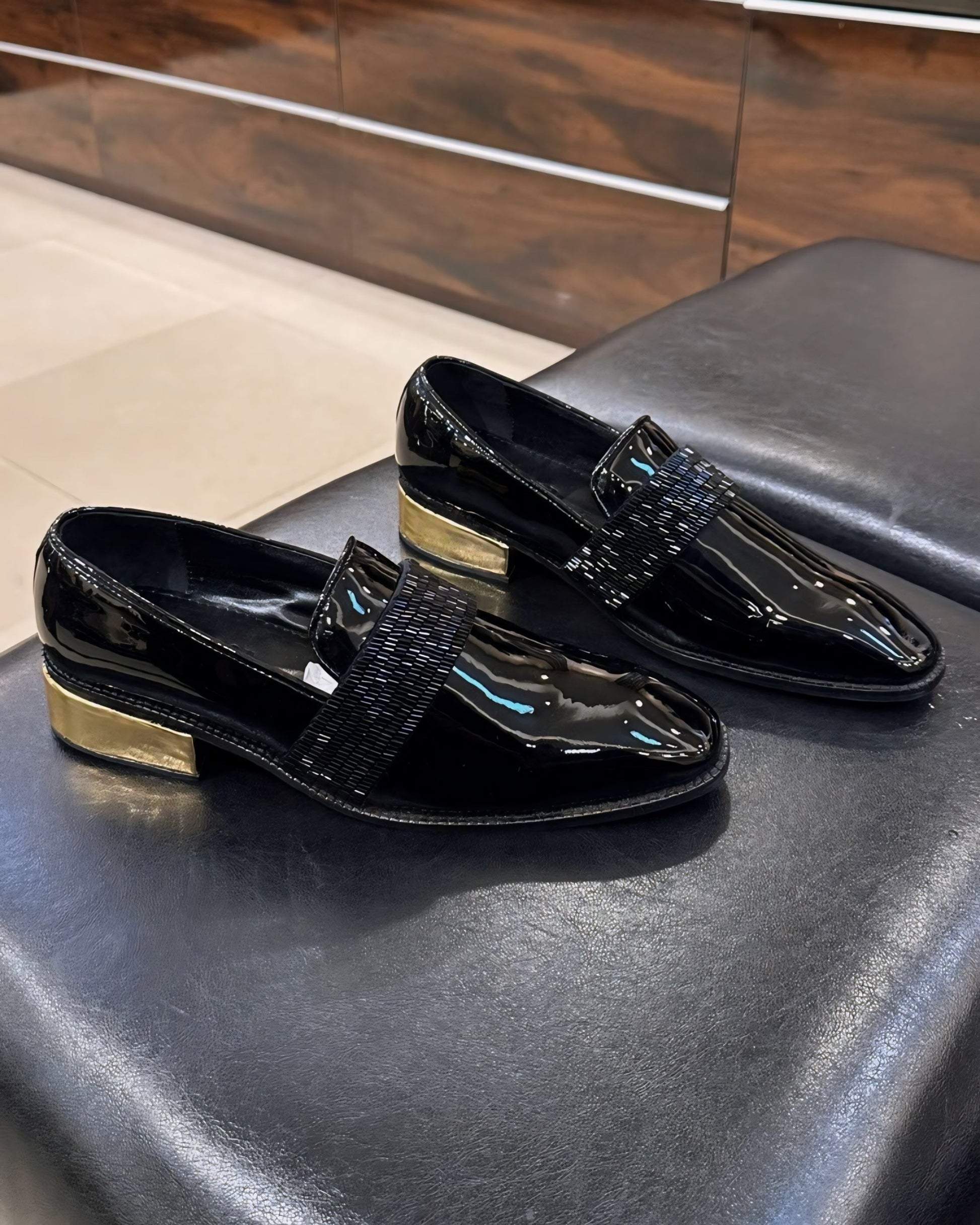 The Tuxedo Moccasins with Golden Heel and Red Glossy Sole