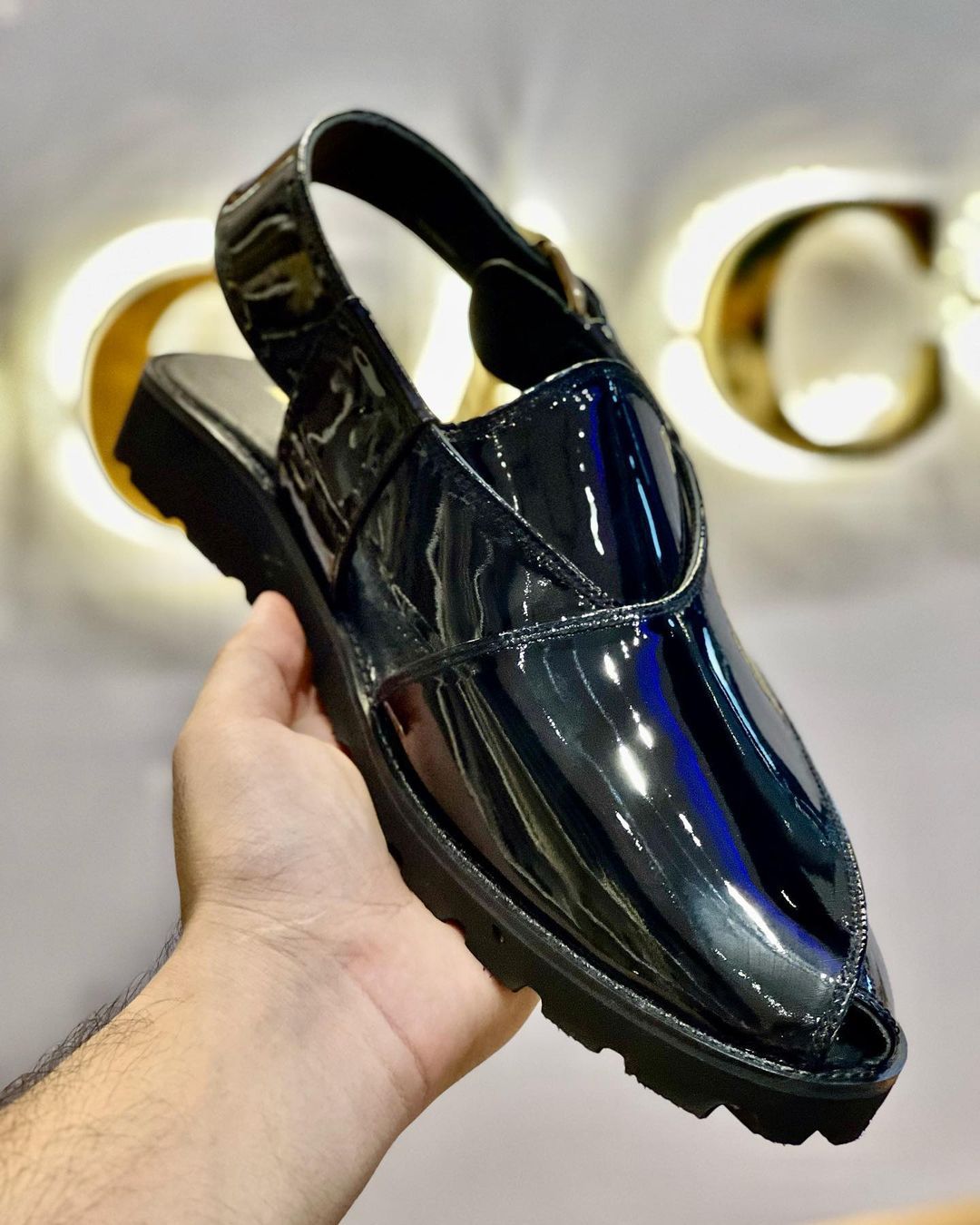Patent Leather Kheri/Peshawari Chappal Black Sandals