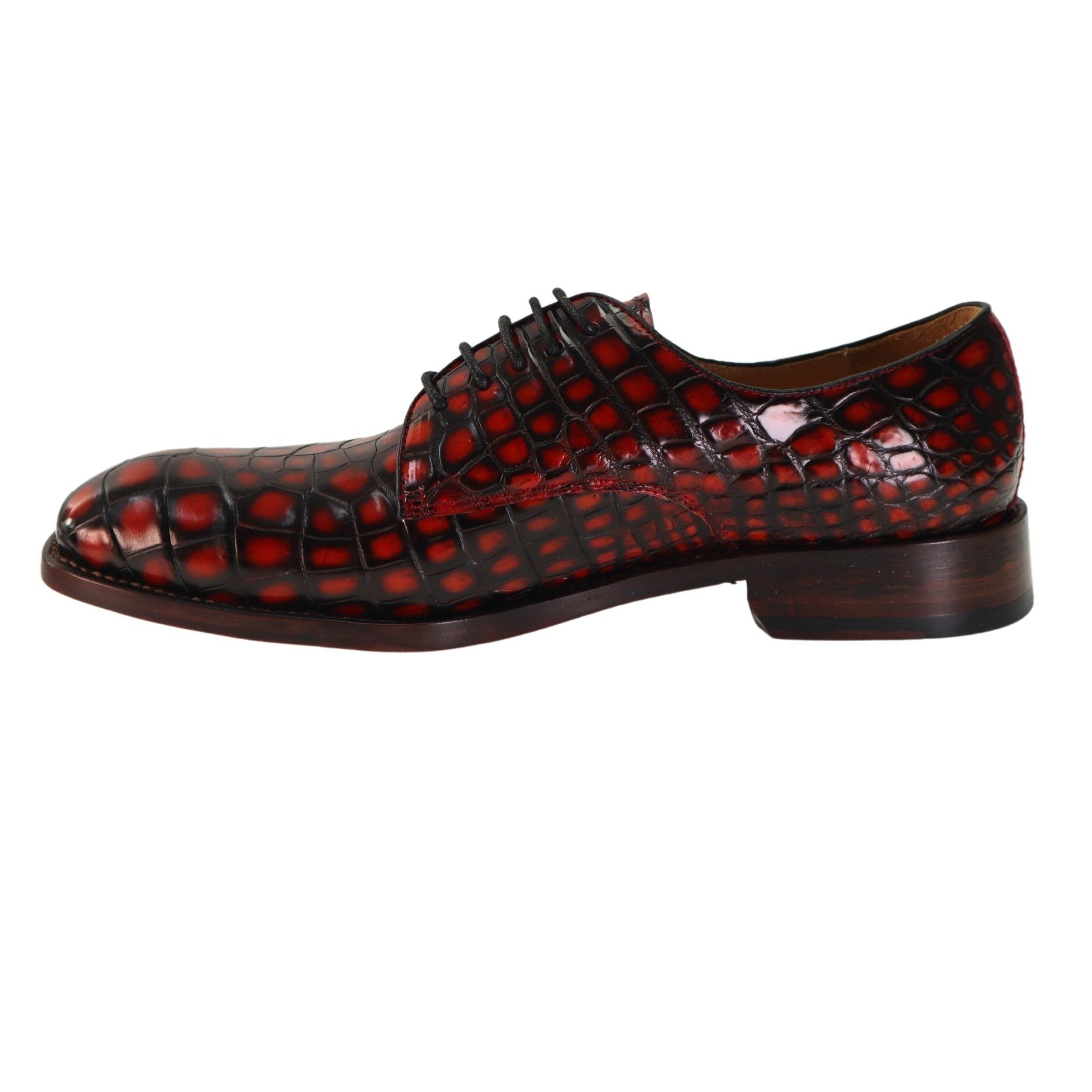 Genuine Alligator Leather Men’s Derby Perforated Lace-Up Dress Shoes Red Patina Alligator