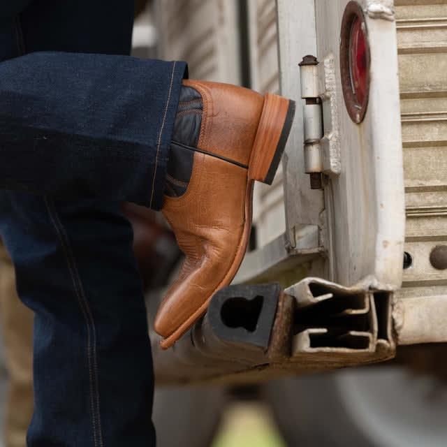 Tan And Navy Blue Leather Bartlett Slip On Western Cowboy Boots