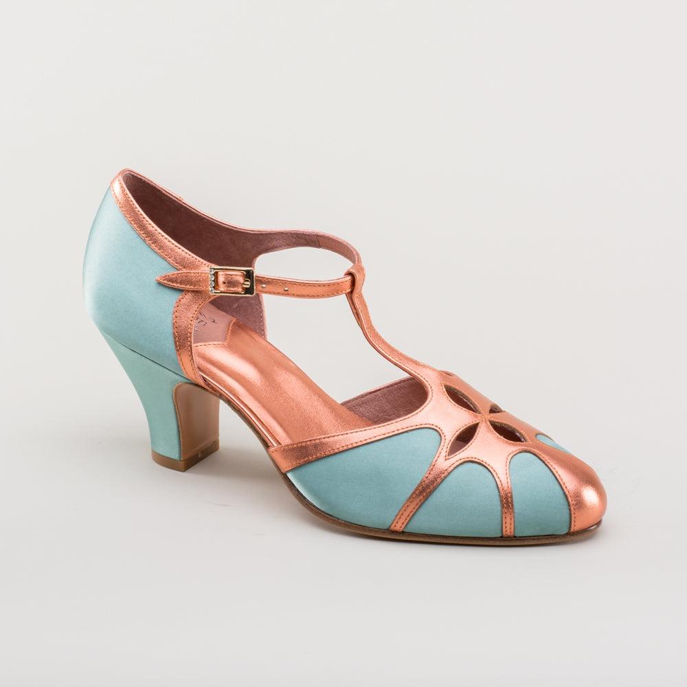 Women's Vintage Flapper T-Straps Wide (Teal/Copper)