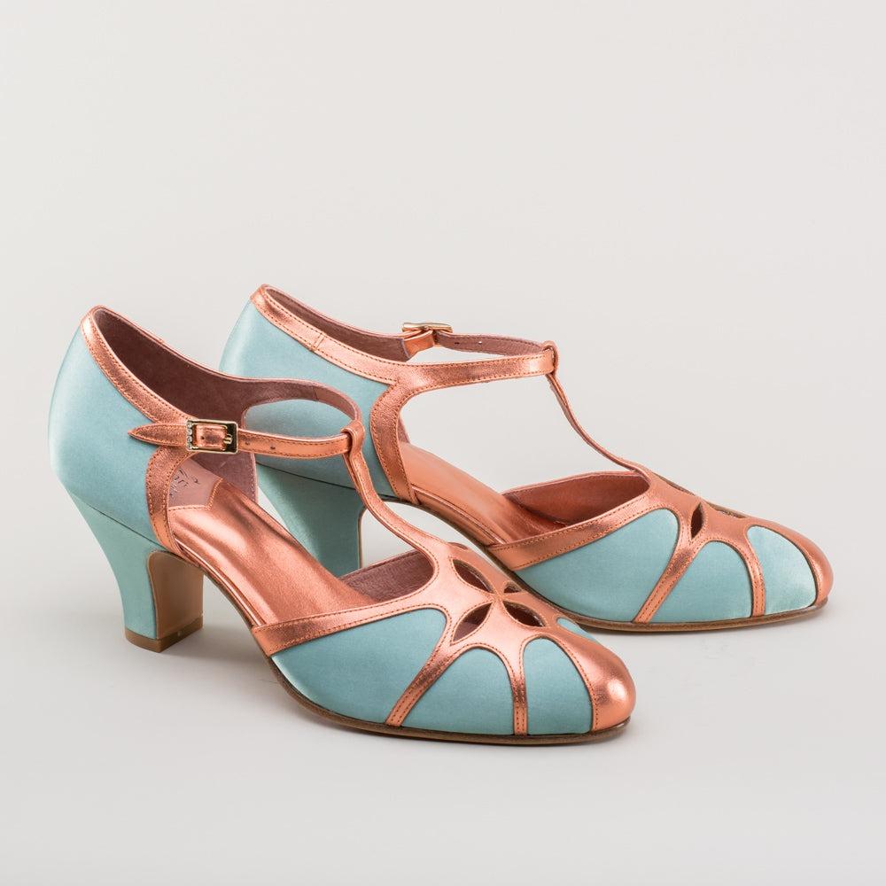 Women's Vintage Flapper T-Straps Wide (Teal/Copper)