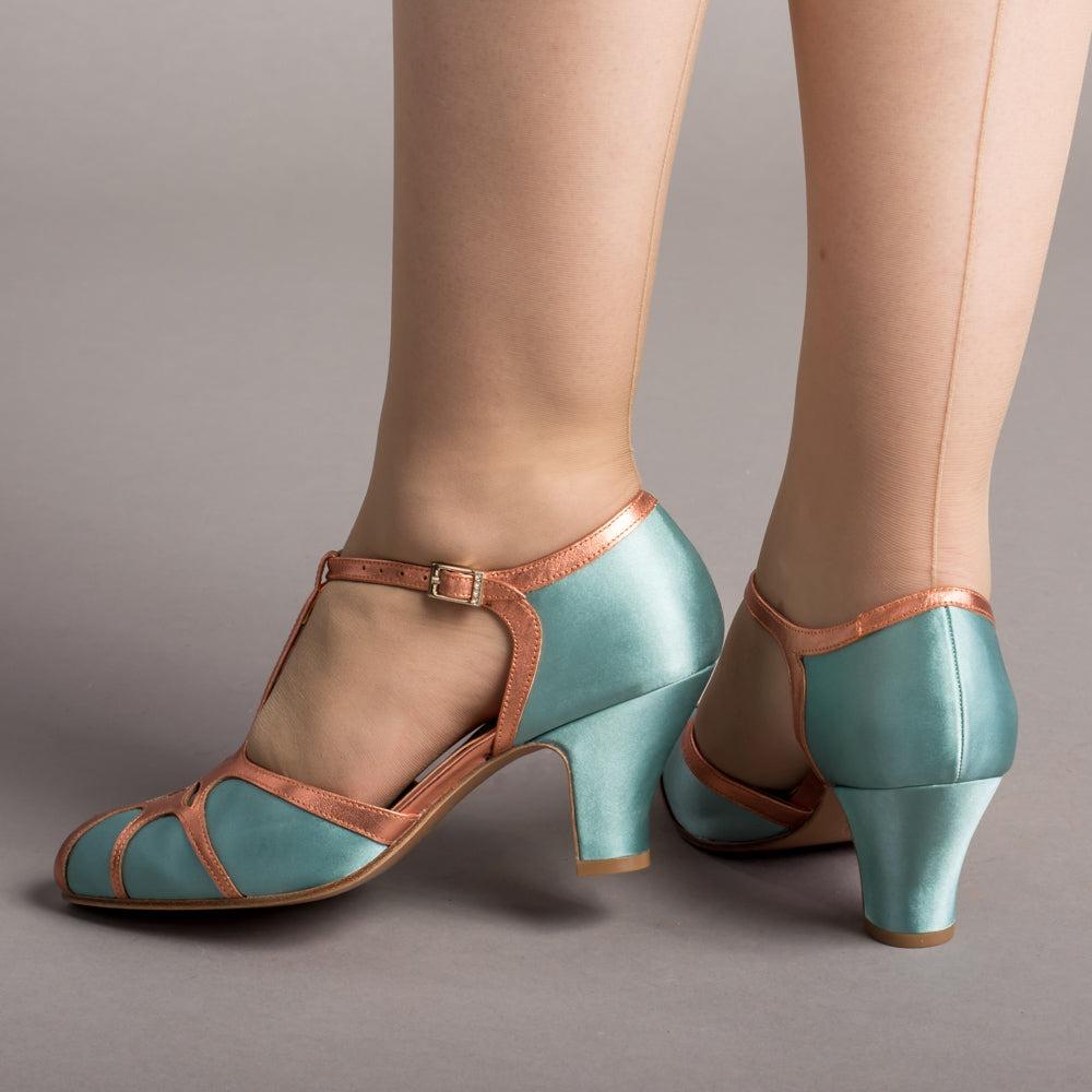 Women's Vintage Flapper T-Straps Wide (Teal/Copper)