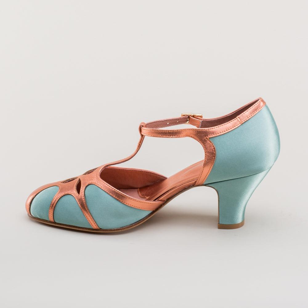 Women's Vintage Flapper T-Straps Wide (Teal/Copper)
