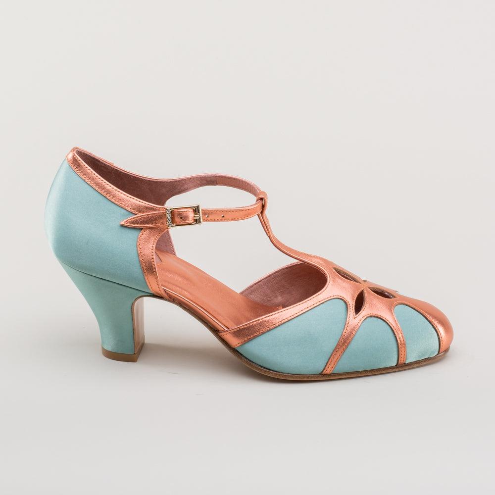 Women's Vintage Flapper T-Straps Wide (Teal/Copper)