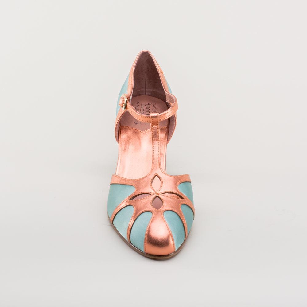 Women's Vintage Flapper T-Straps Wide (Teal/Copper)