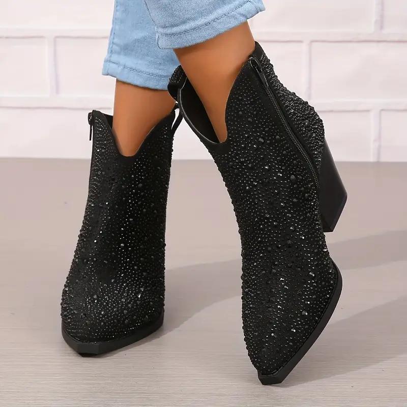 Rhinestone Decor Pointed Toe Chunky Heeled Cowboy Boots