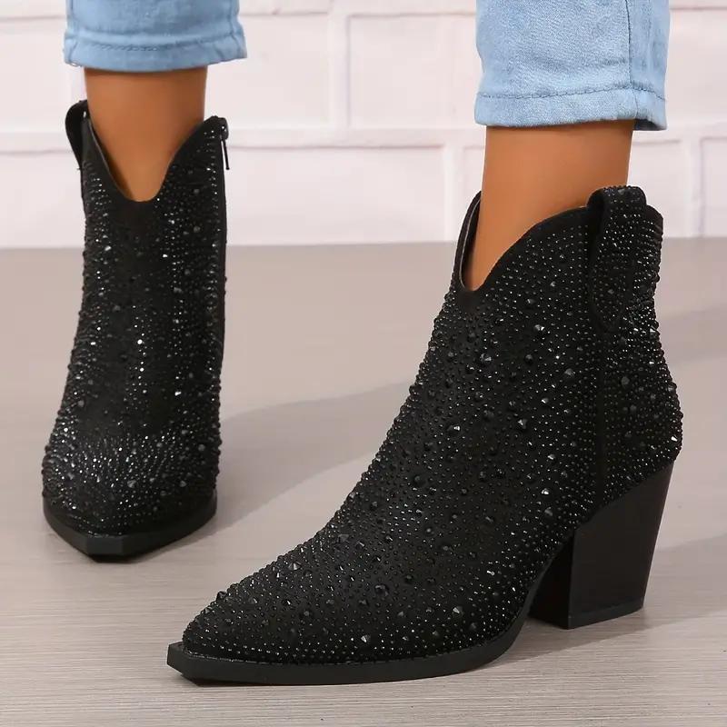 Rhinestone Decor Pointed Toe Chunky Heeled Cowboy Boots