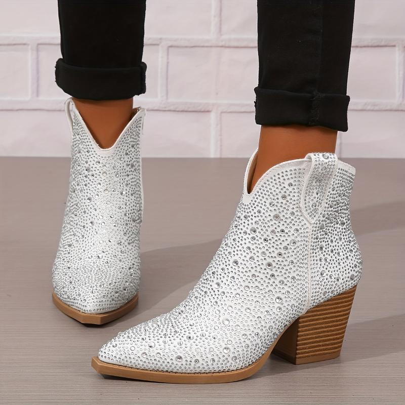 Rhinestone Decor Pointed Toe Chunky Heeled Cowboy Boots