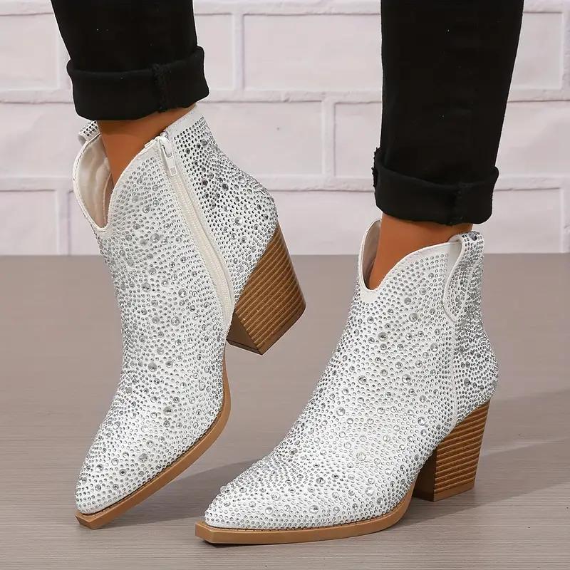 Rhinestone Decor Pointed Toe Chunky Heeled Cowboy Boots