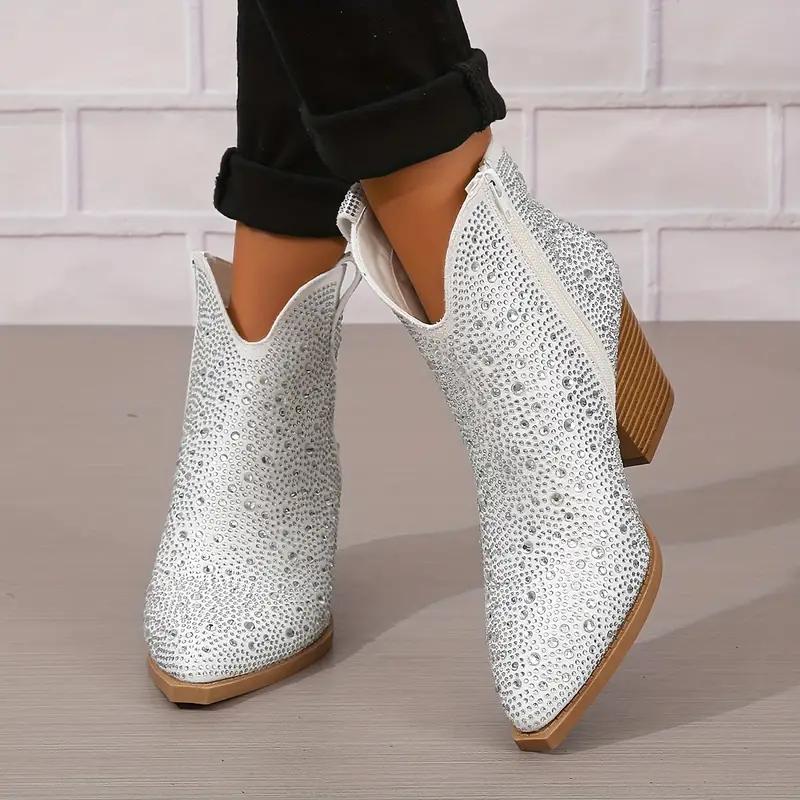 Rhinestone Decor Pointed Toe Chunky Heeled Cowboy Boots