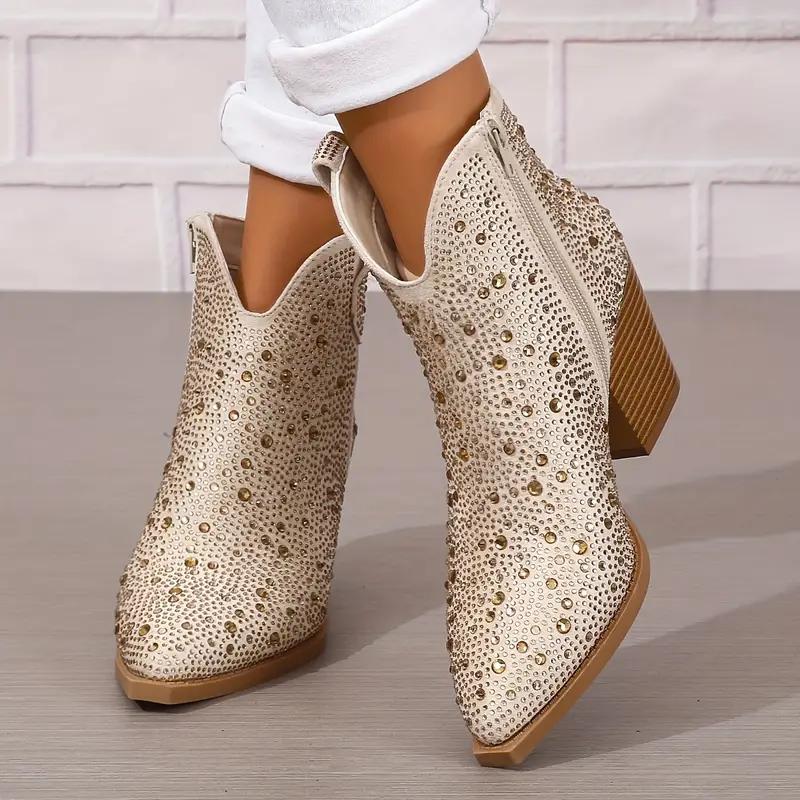 Rhinestone Decor Pointed Toe Chunky Heeled Cowboy Boots