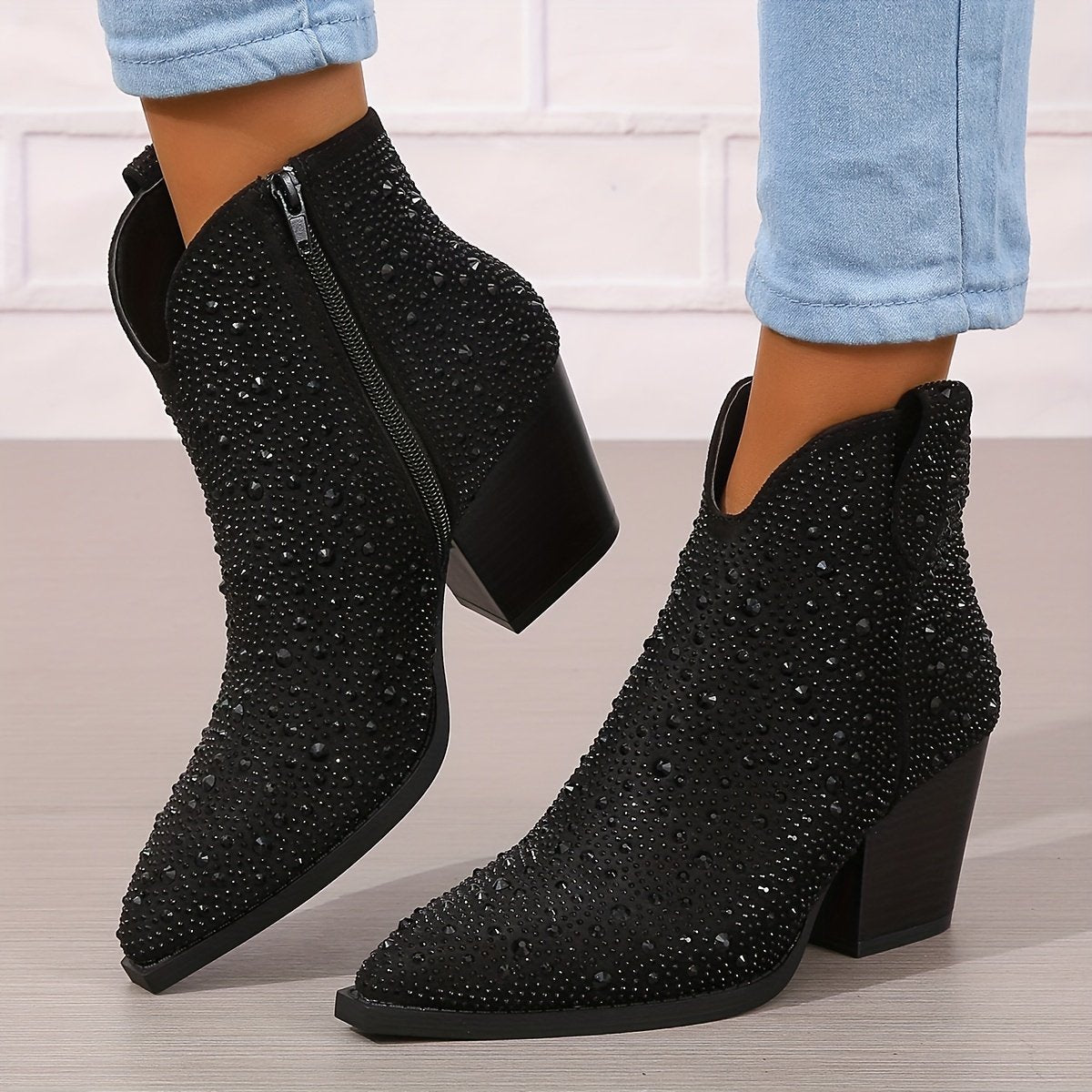 Rhinestone Decor Pointed Toe Chunky Heeled Cowboy Boots