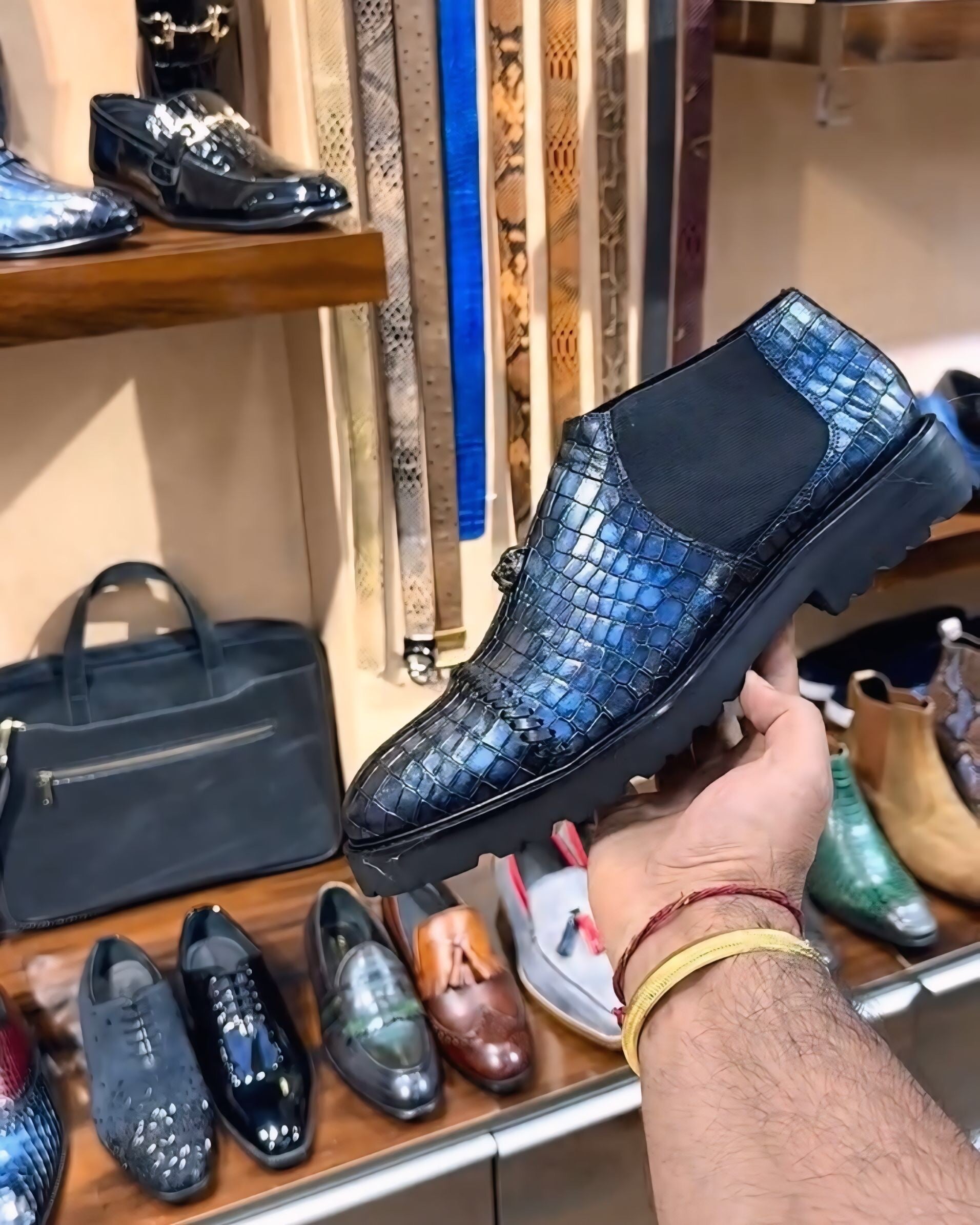 Midnight Blue Crocodile Scaled Low-top Boots