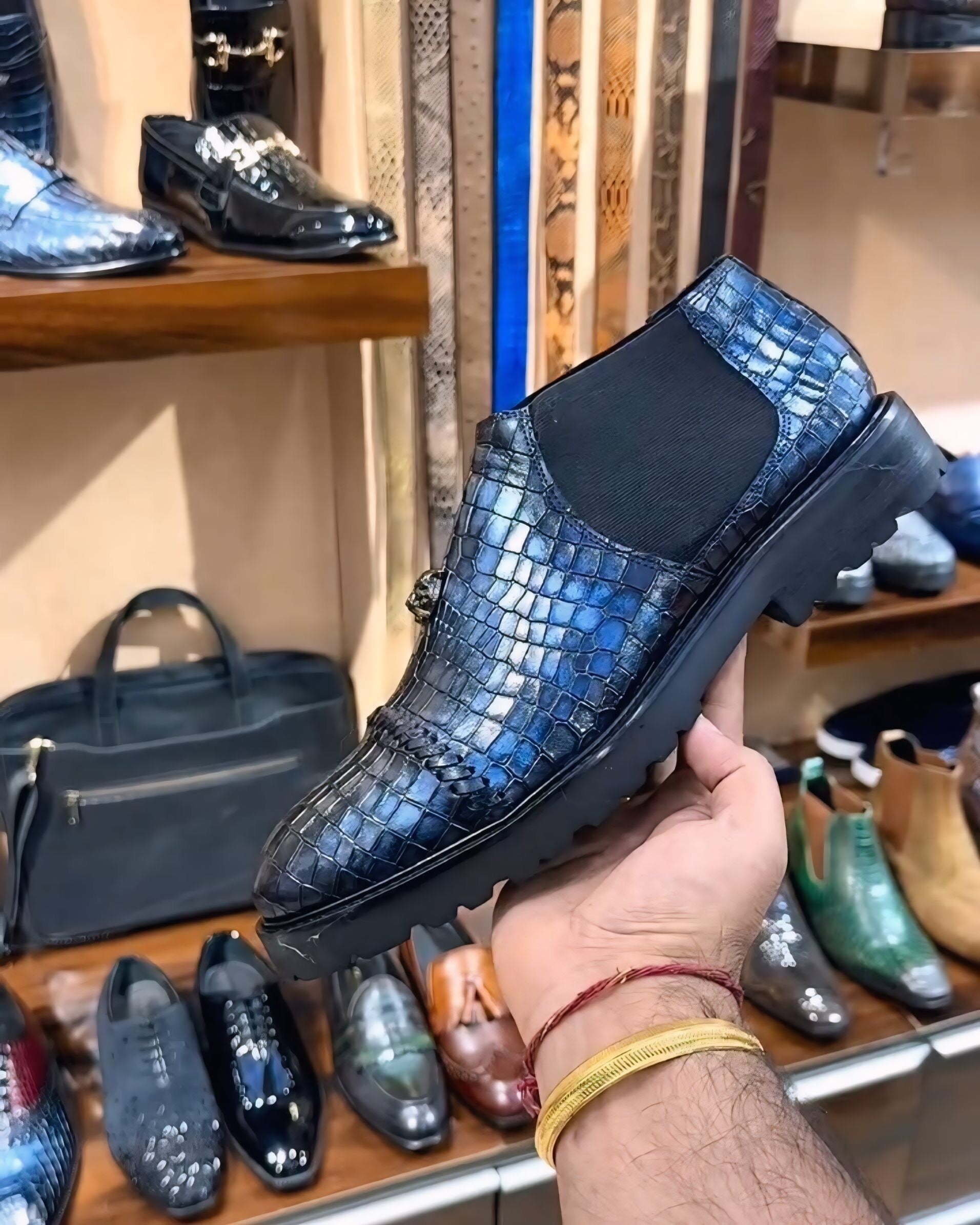 Midnight Blue Crocodile Scaled Low-top Boots