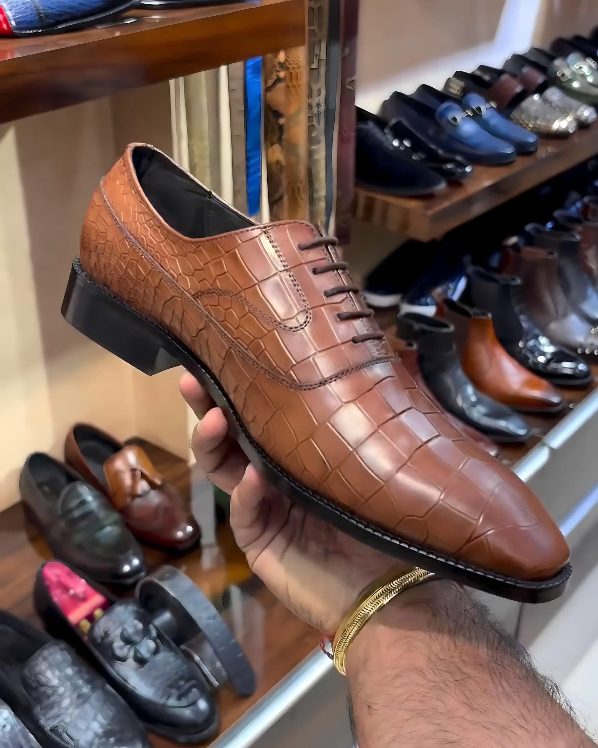 Tan Patina Crocodile Scaled Lace-up Oxfords