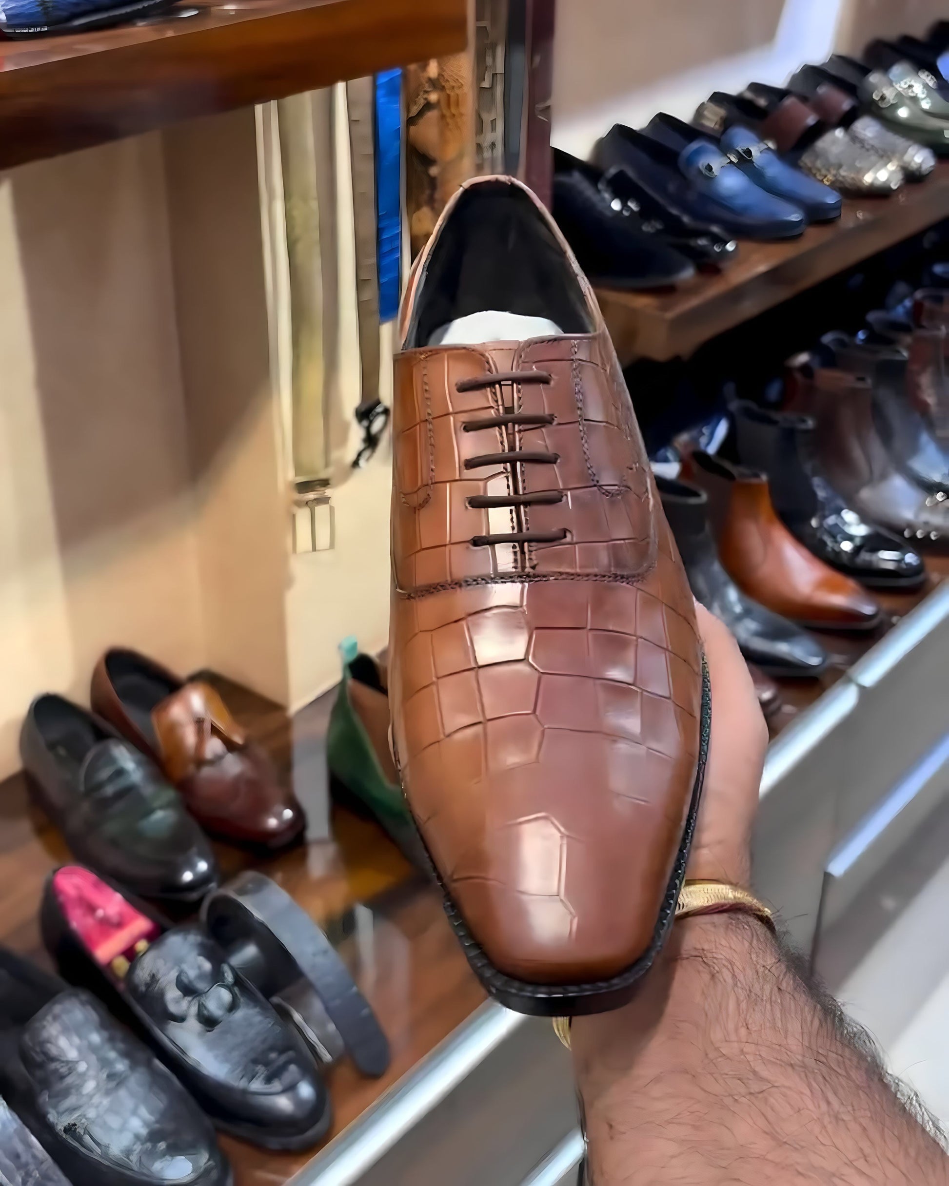 Tan Patina Crocodile Scaled Lace-up Oxfords