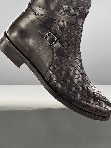 Men Woven Jodhpur's Leather Boots