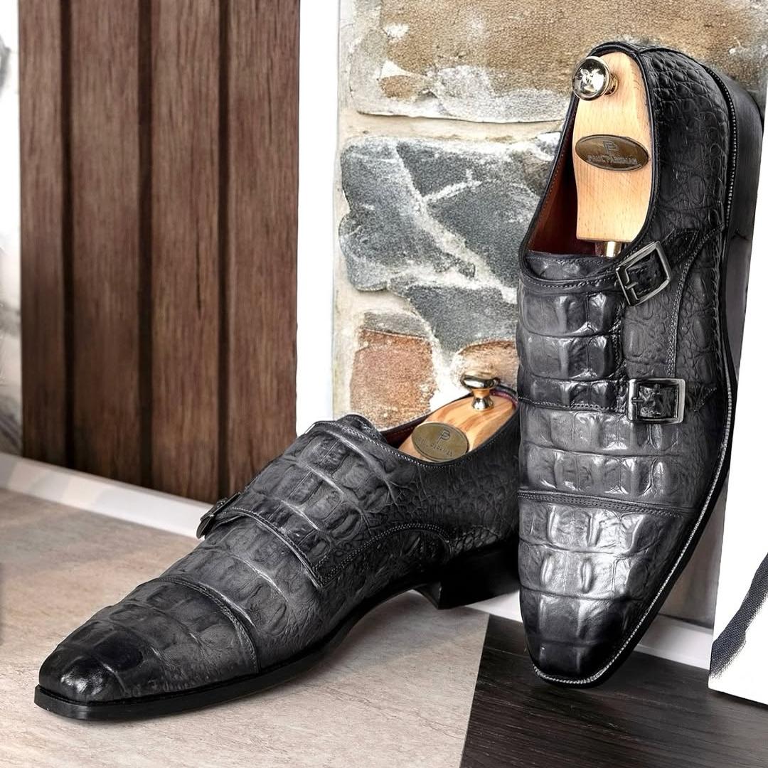 Double Monkstrap Shoes Gray Crocodile