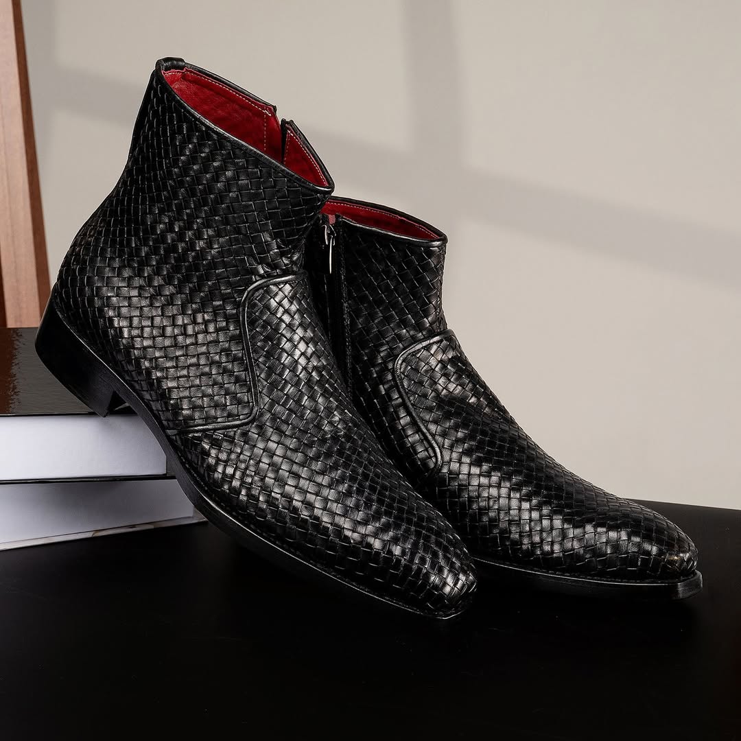 Burnished Woven Leather Zipper Boots