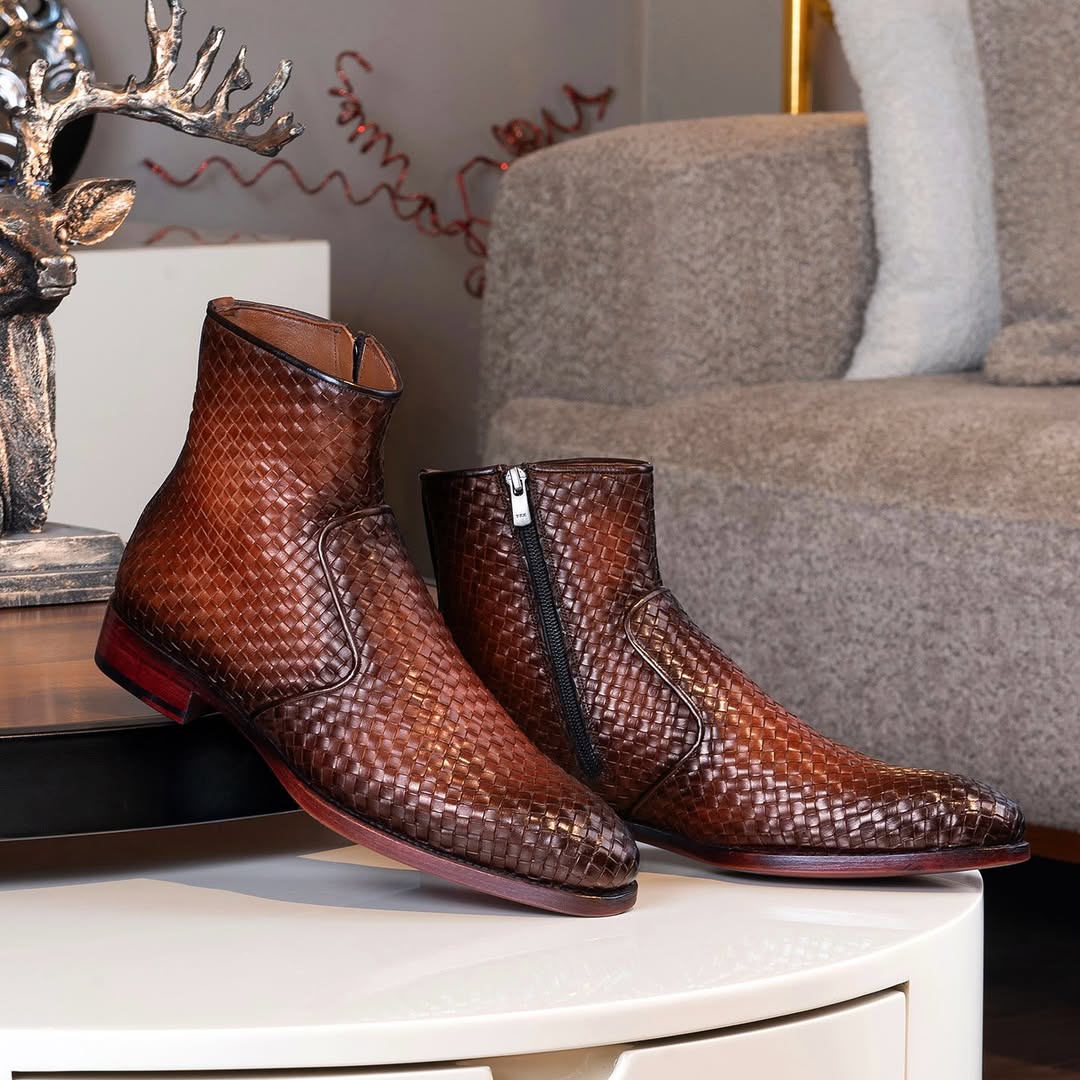 Burnished Woven Leather Zipper Boots