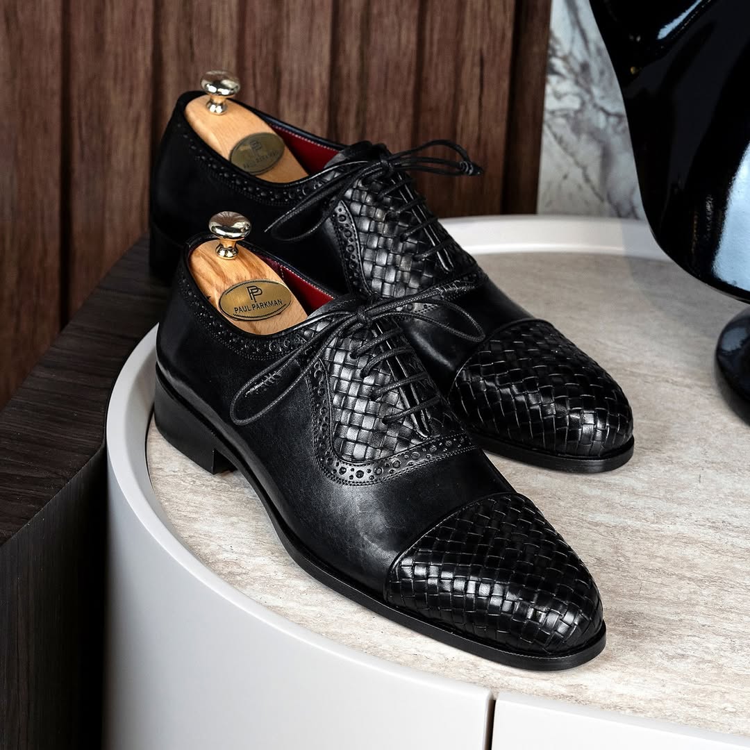 Men’s Black Woven Leather Cap Toe Oxford