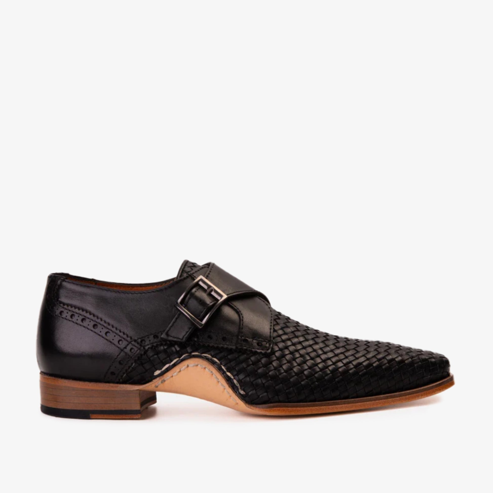 Woven Black Leather Single Monk Strap Handmade Men Shoe