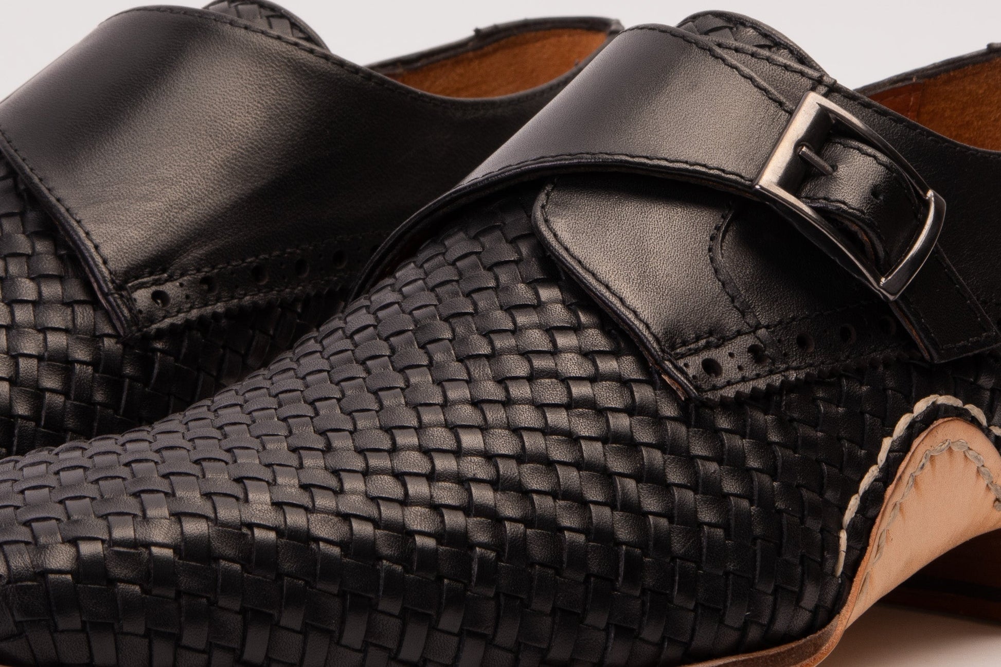 Woven Black Leather Single Monk Strap Handmade Men Shoe